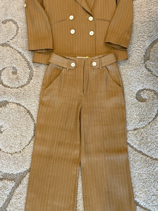 Veronica Beard Pants - Veronica Beard Camel Pinstripe Wide-Leg Trousers